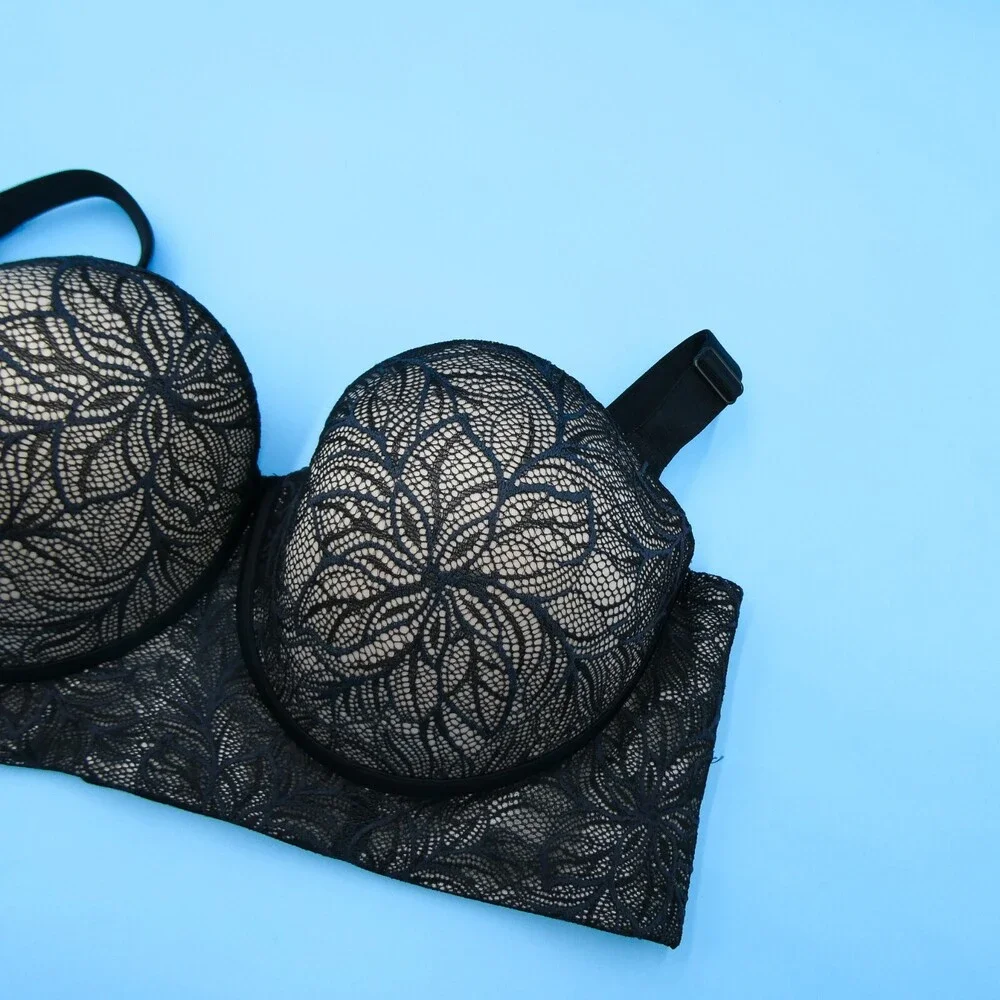 Leonisa Size 38E‎ Black Lace 360 Removable Straps Longline Lace Lingerie 11911N